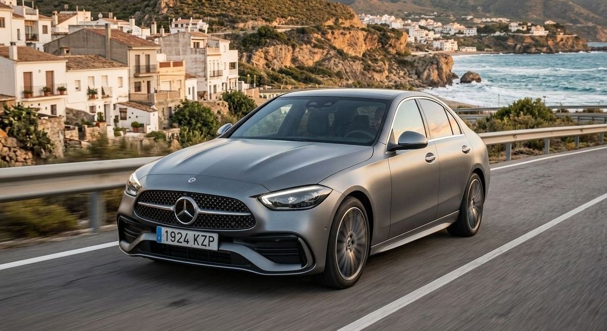 Mercedes-Benz Clase C gris circulando por una carretera junto al mar
